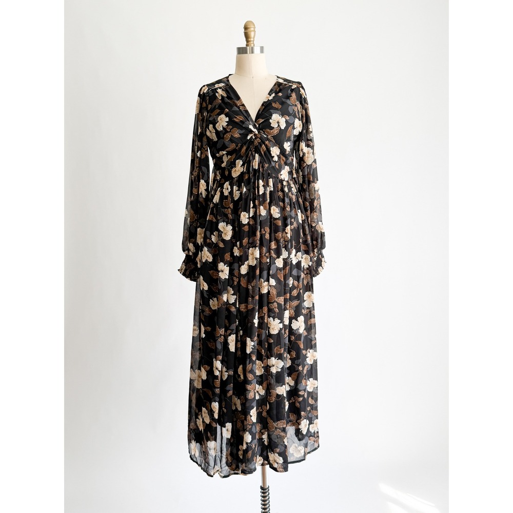 In Loom Floral Maxi Dress Boho Cottagecore M Black V-Neck Smocked Long Sleeve